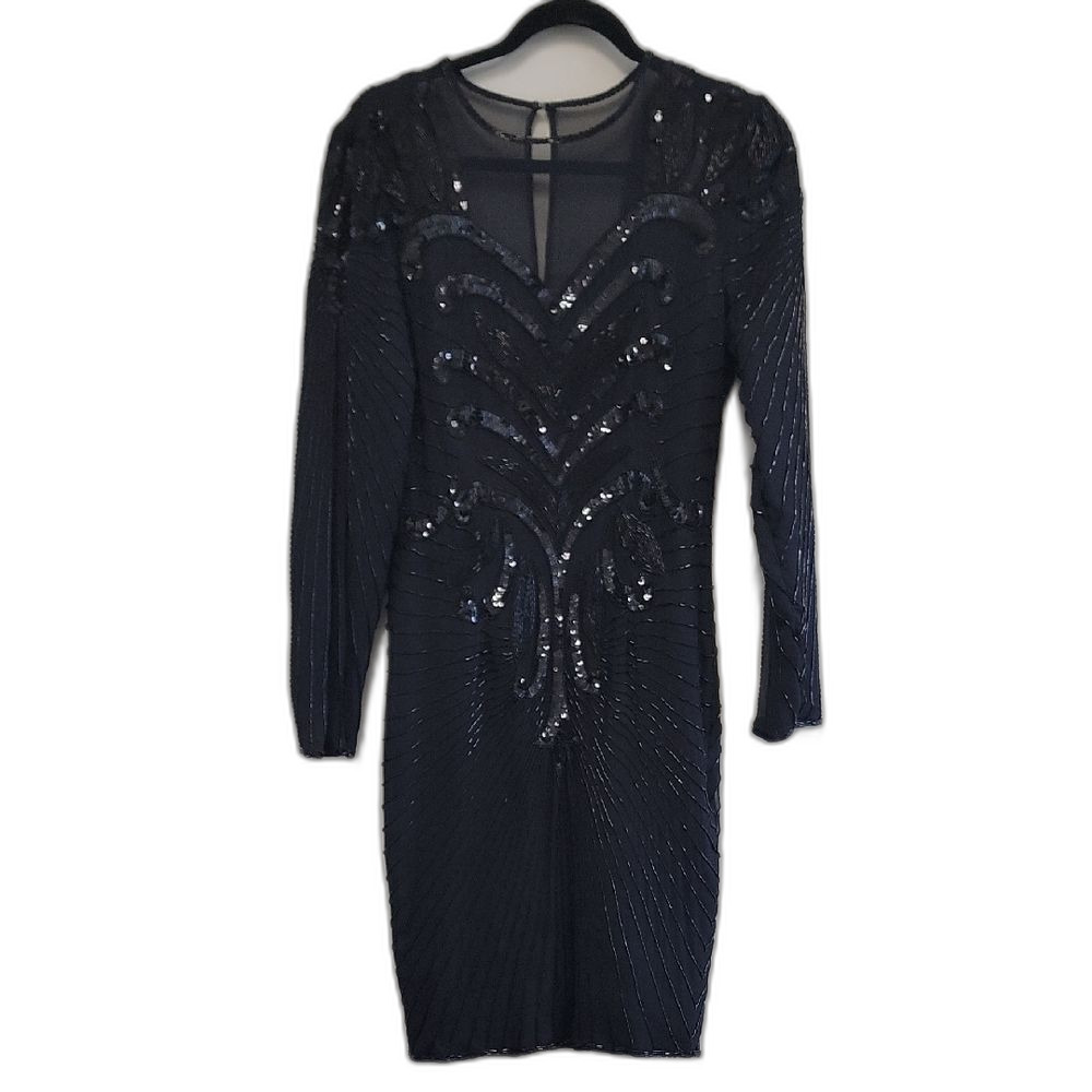 Stenay Sequins Beaded Long Sleeve Dress Black Sheer Size 6 80s